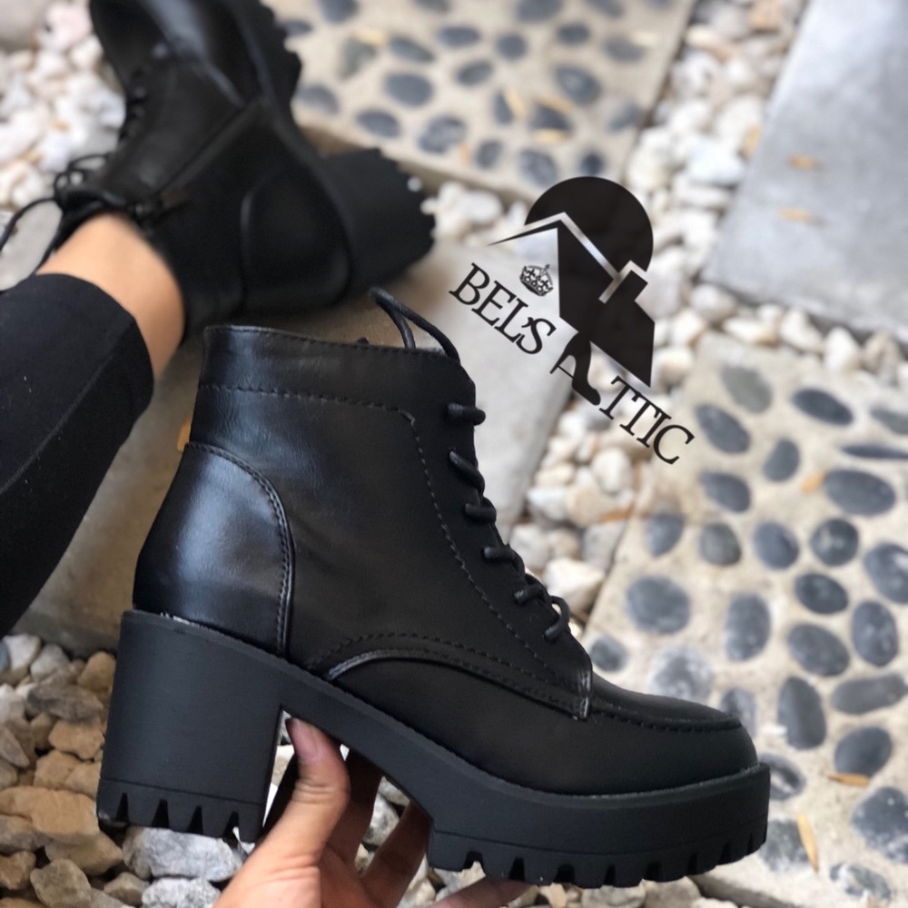 Black Vegan Leather Lug Sole Lace Up Combat Boots